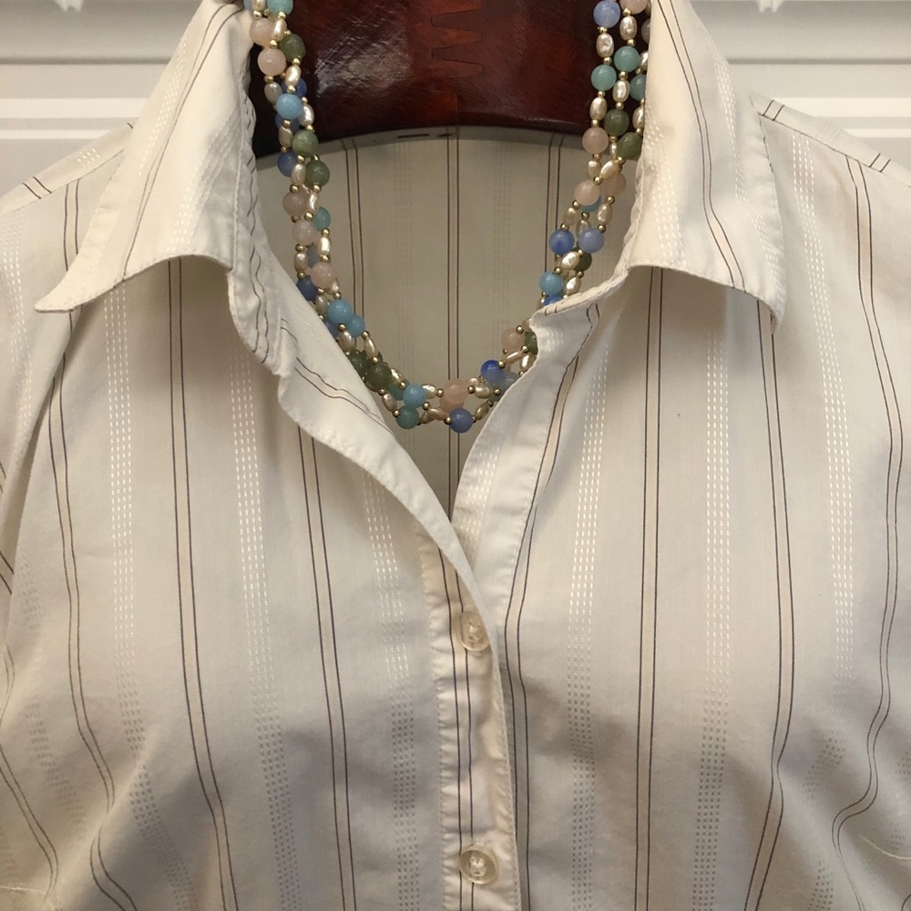 Stretch button down pin strip blouse